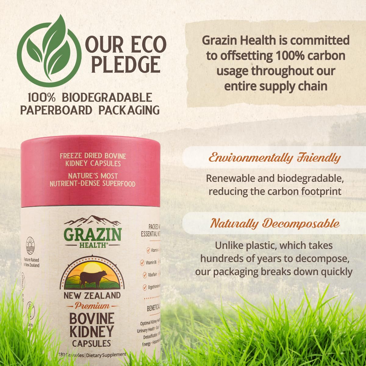 GRAZIN HEALTH Capsules de rein bovin à côté d'un verre d'eau