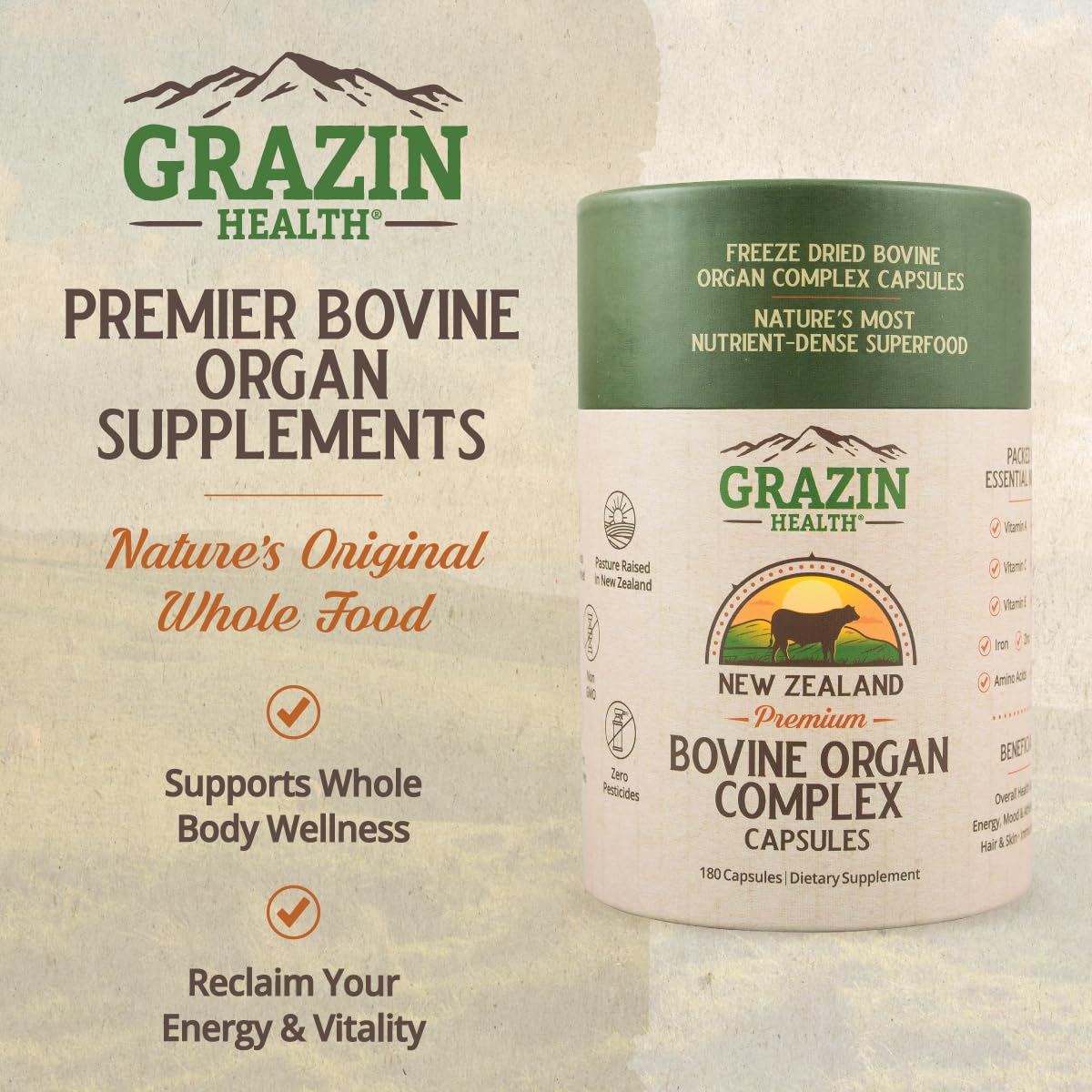 GRAZIN HEALTH Complexe d'Organes Bovin 3000mg - capsules vues de près
