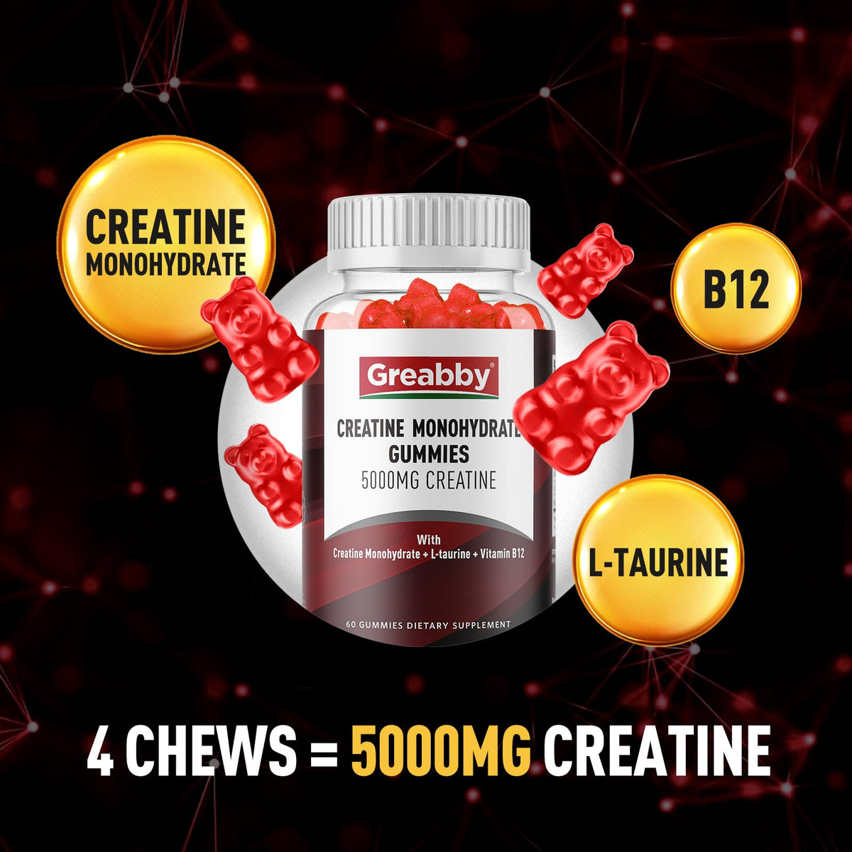 GREABBY Gummies de Créatine Monohydrate 5g, gummies sur une table