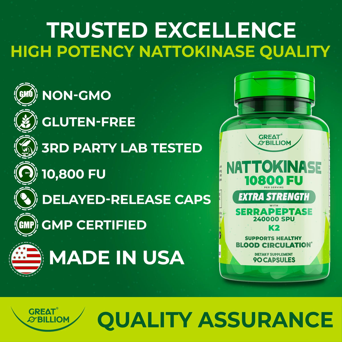 GREAT BILLIOM Nattokinase 10800 FU, avec une cuillère de capsules