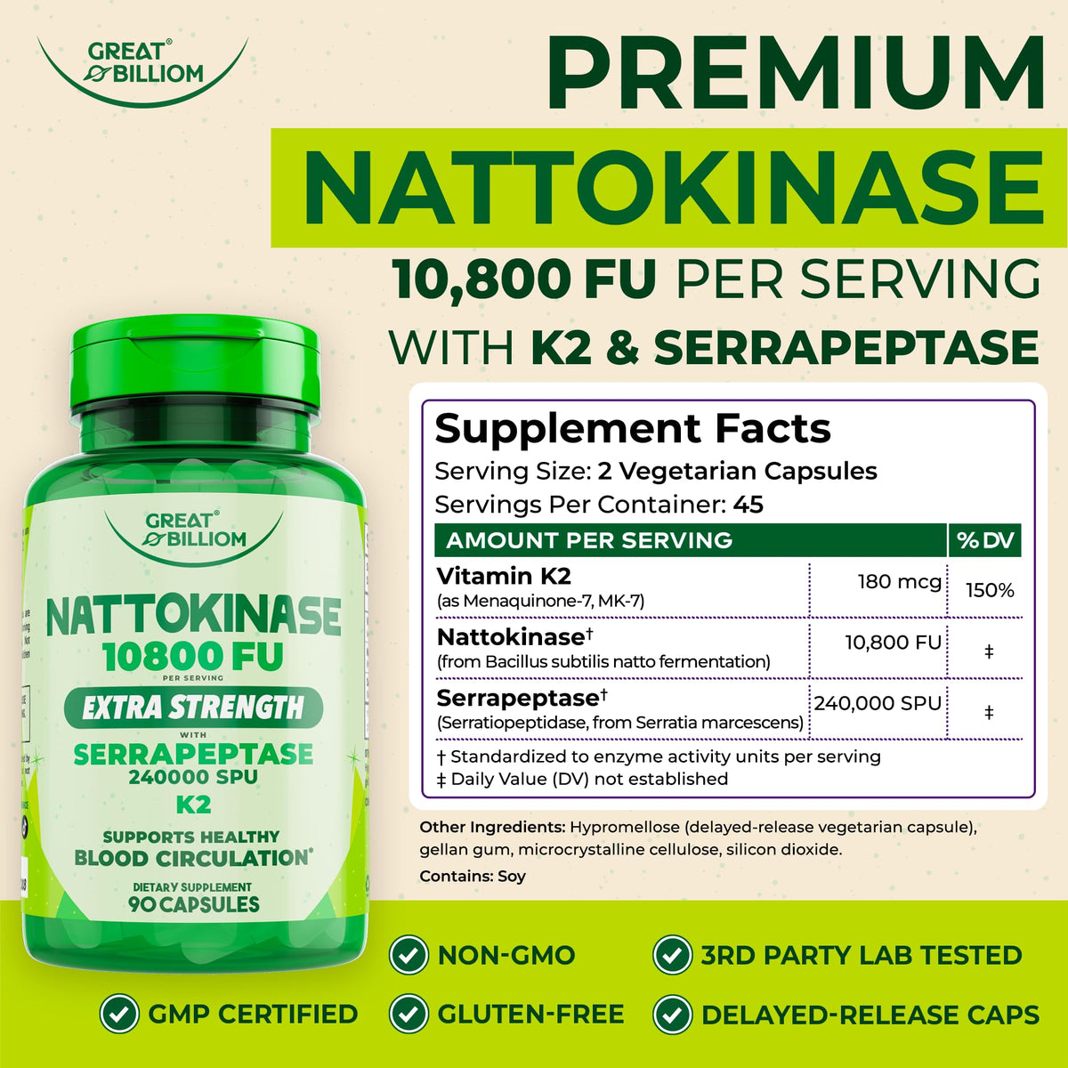 GREAT BILLIOM Nattokinase 10800 FU, capsules sur une table