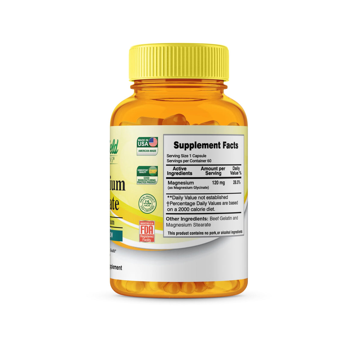 GREEN FIELD NUTRITIONS Halal Magnesium Glycinate 120mg avec ingrédients