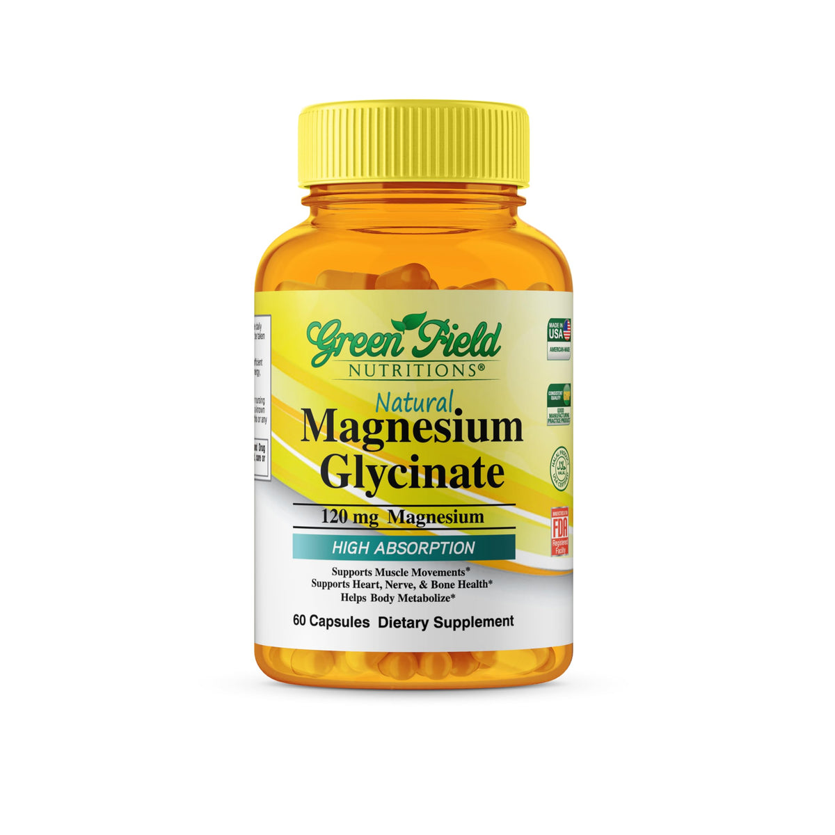 GREEN FIELD NUTRITIONS Halal Magnesium Glycinate 120mg front view