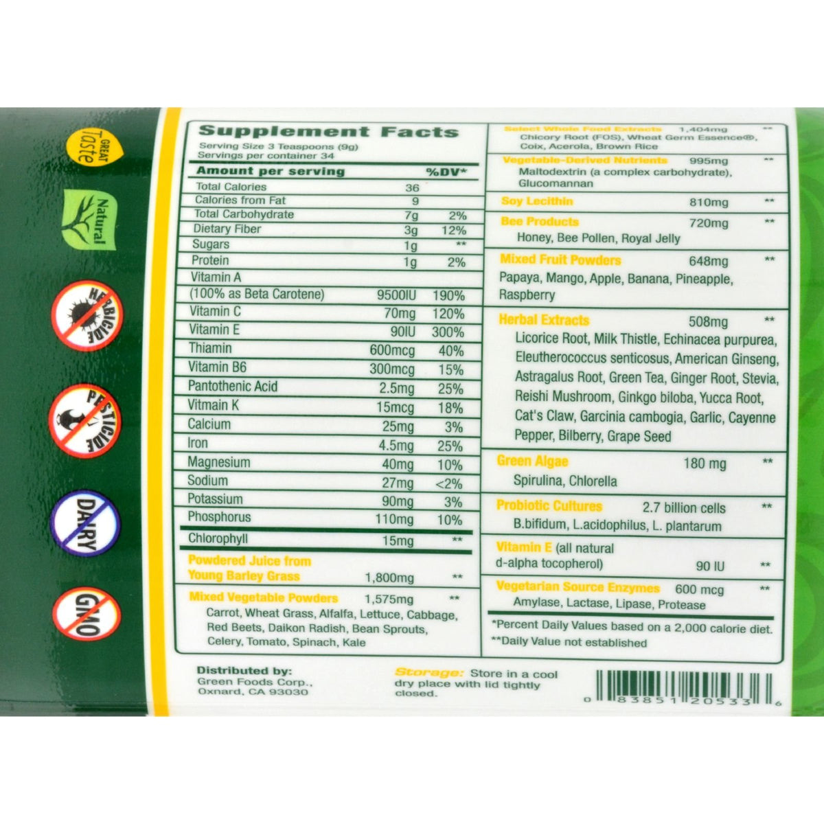 Green Foods Magma Plus Mélange à Boire 372g - emballage et informations
