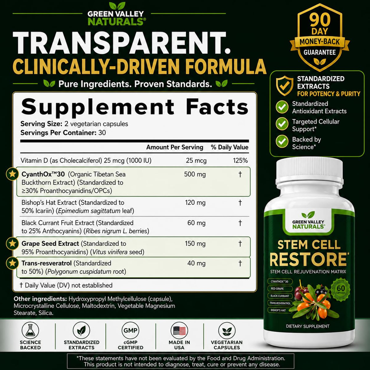GREEN VALLEY NATURALS Stem Cell Restore - étiquette avec ingrédients