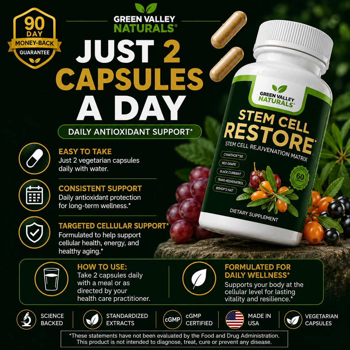 GREEN VALLEY NATURALS Stem Cell Restore - flacon ouvert avec capsules