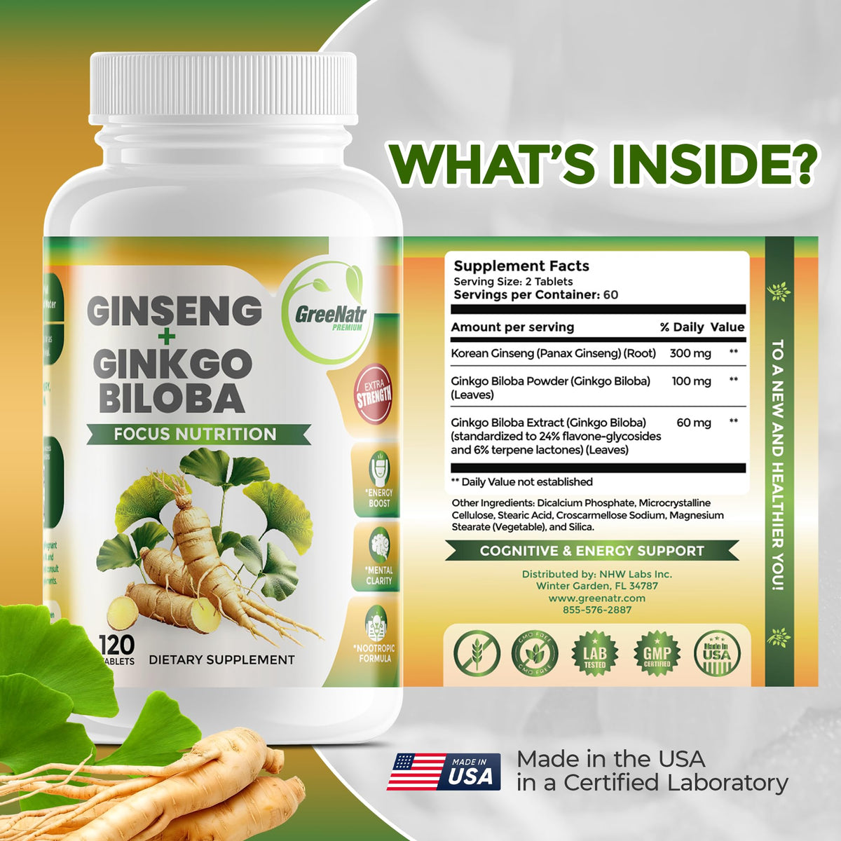 GreeNatr Ginkgo Biloba et Ginseng Rouge, tablettes dans une main