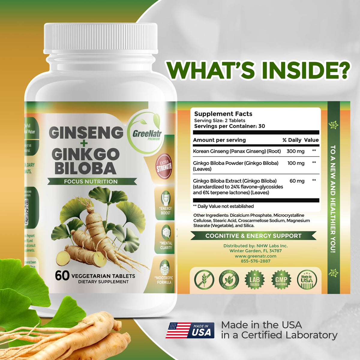 GreeNatr Ginkgo Biloba & Ginseng Rouge boîte ouverte avec comprimés