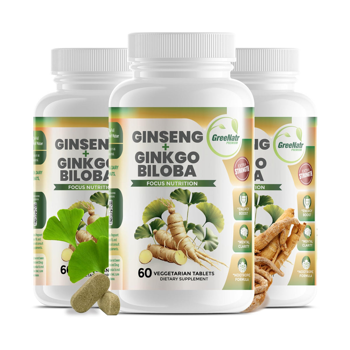 GreeNatr Ginkgo Biloba & Ginseng Rouge supplément en comprimés végétaliens