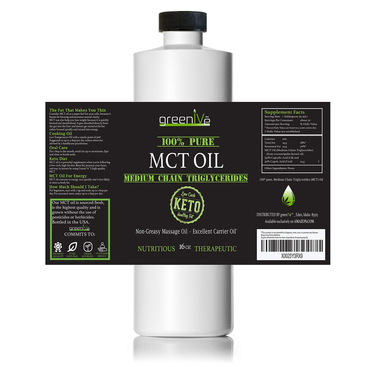 GreenIVe Huile MCT 100% pure C8 C10 étiquette et bouchon