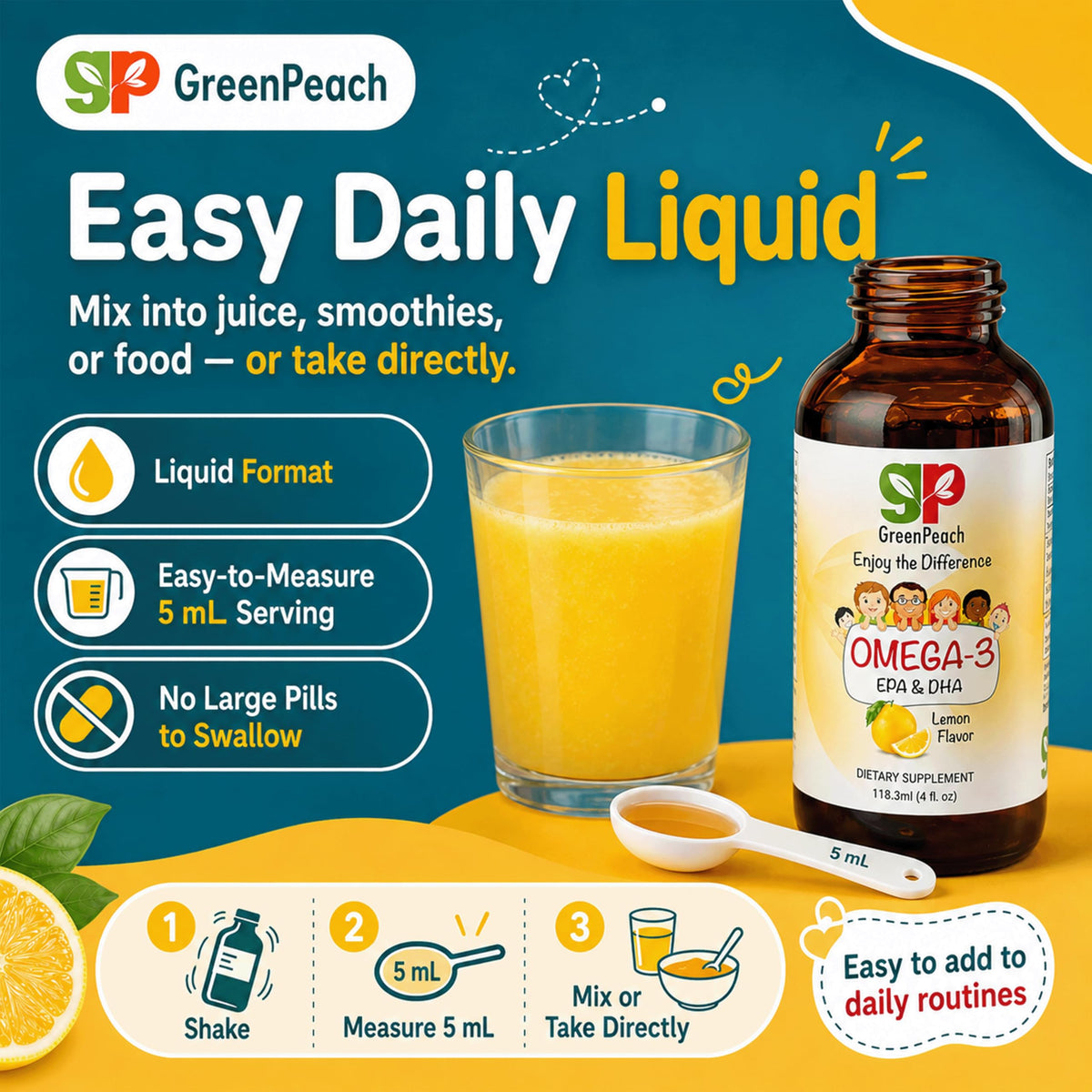 GreenPeach Omega 3 pour Enfants avec des fruits frais