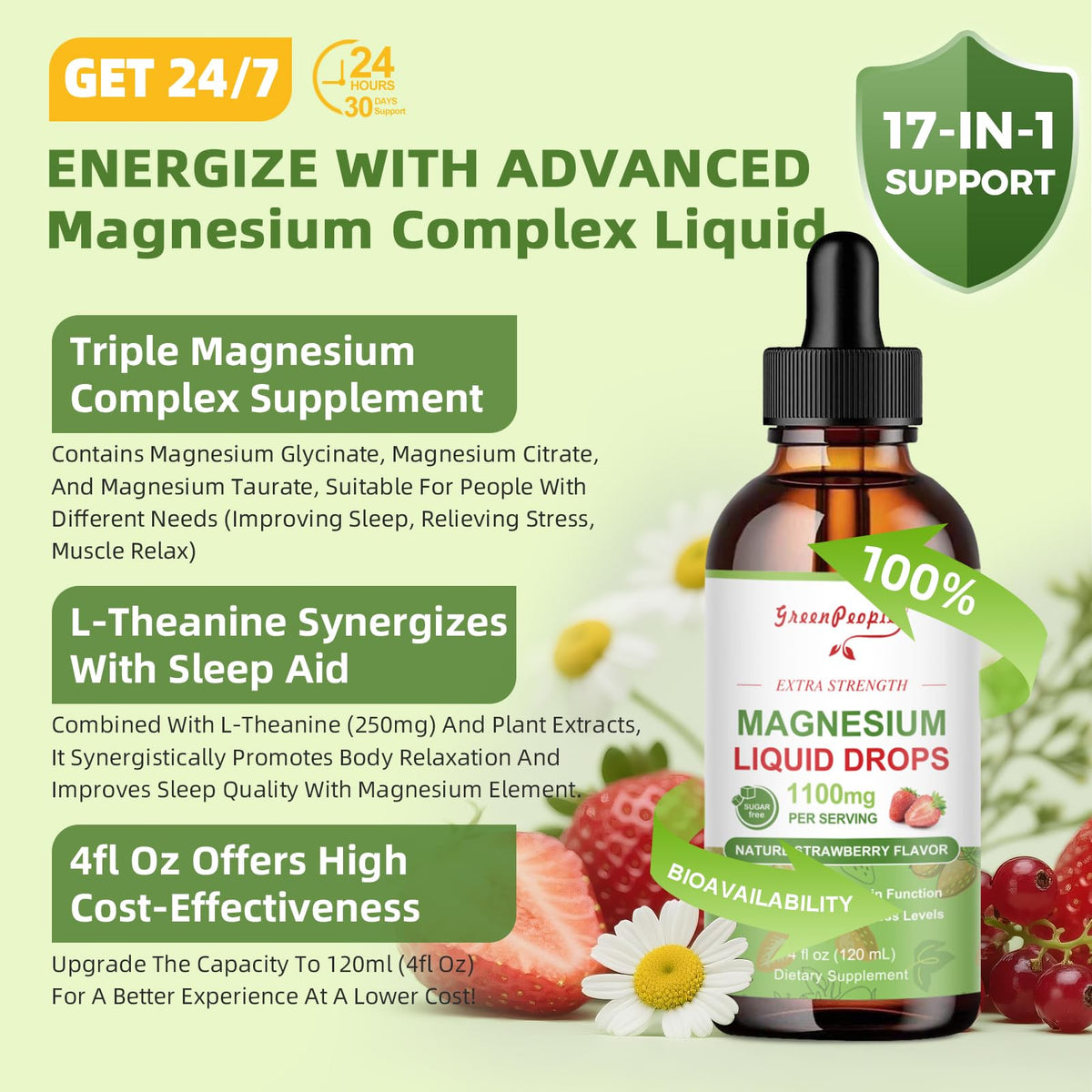 GREENPEOPLE Magnésium Liquide 17-en-1 flacon en main