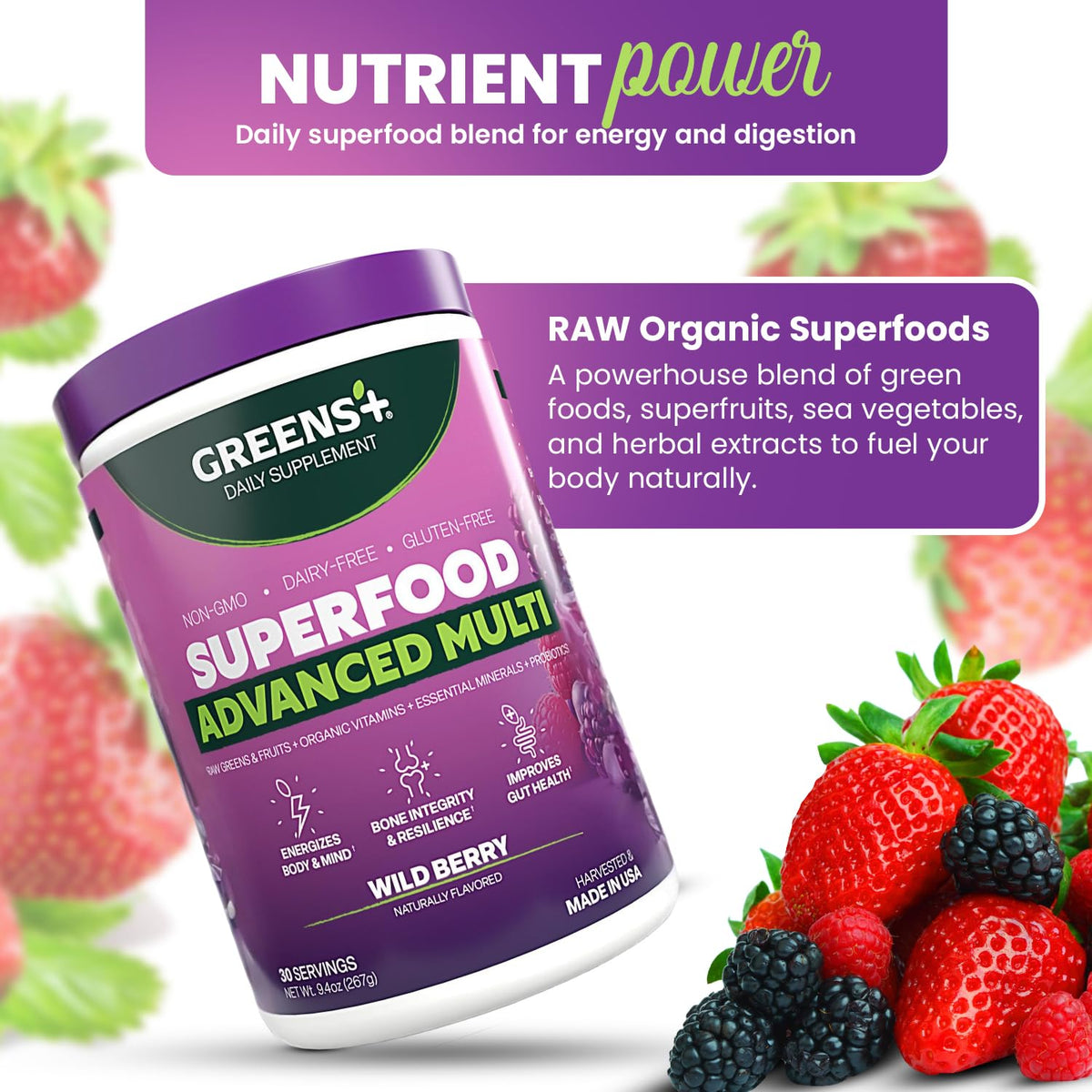 Greens+ Advanced Multi Wild Berry Poudre Superaliment 408g avec fruits