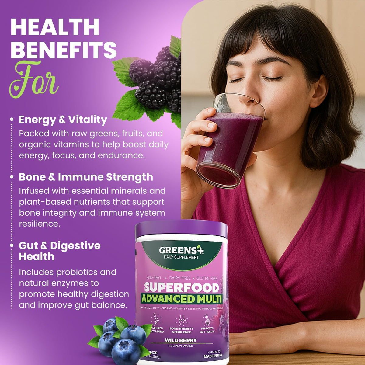 Greens+ Advanced Multi Wild Berry Poudre Superaliment 408g emballage