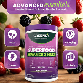 Greens+ Advanced Multi Wild Berry Poudre Superaliment 408g sur une table