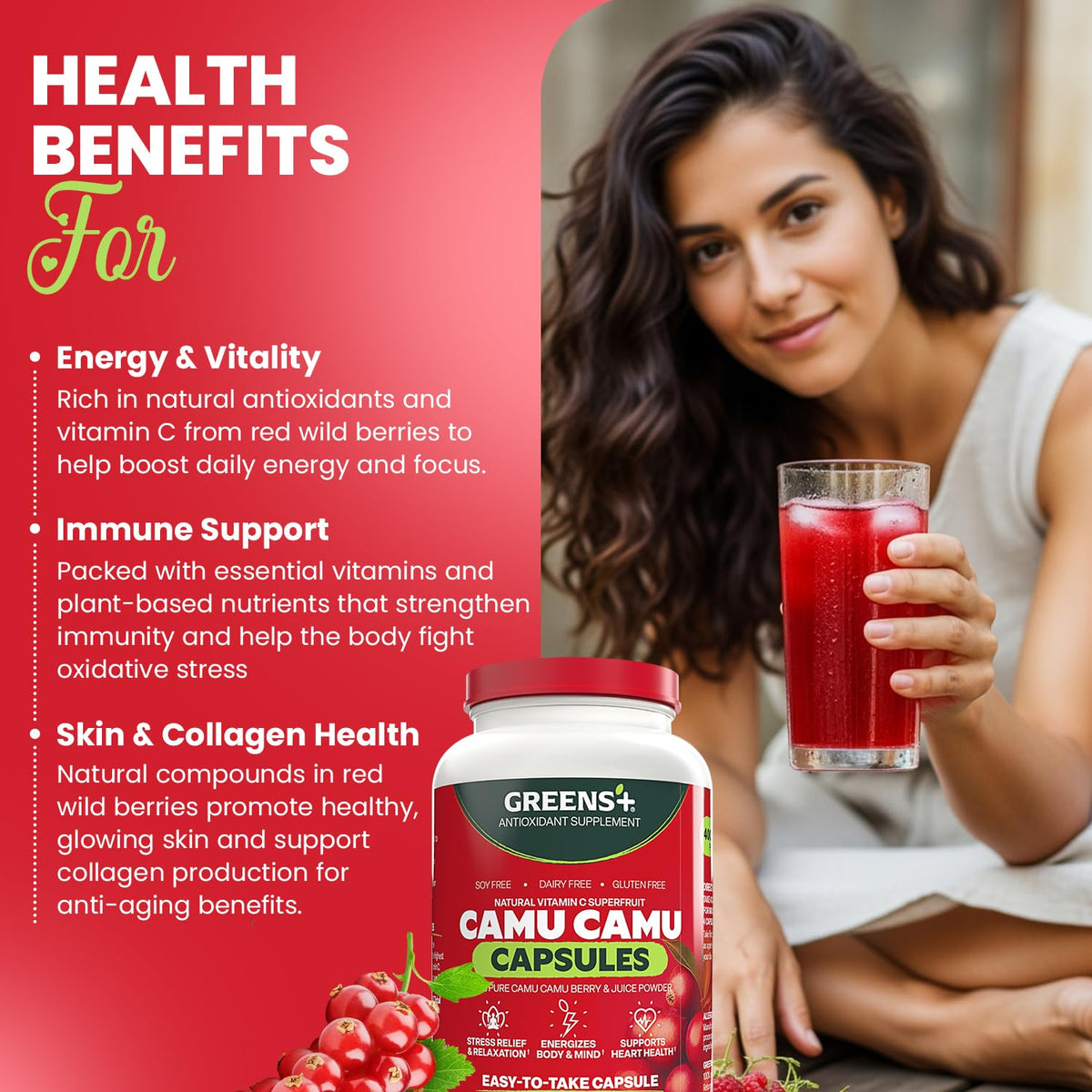 Greens+ Camu Camu 120 Capsules avec fruits en arrière-plan