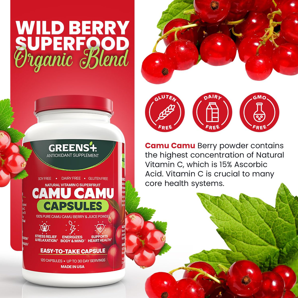 Greens+ Camu Camu Capsules avec étiquette et dosage
