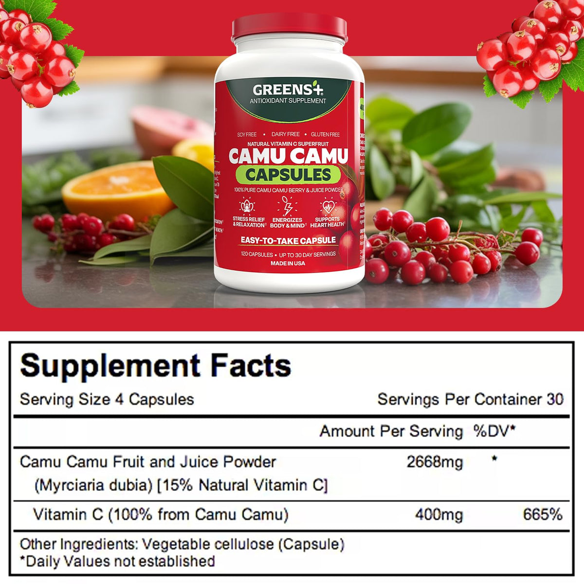 Greens+ Camu Camu Capsules sur fond blanc