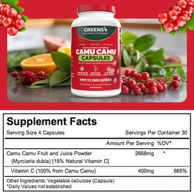 Greens+ Camu Camu Capsules sur fond blanc
