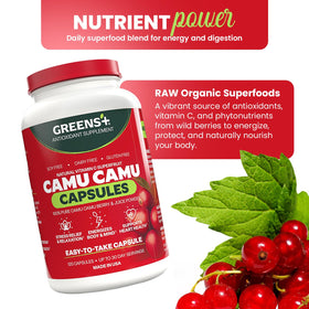 Greens+ Camu Camu Capsules sur une table en bois