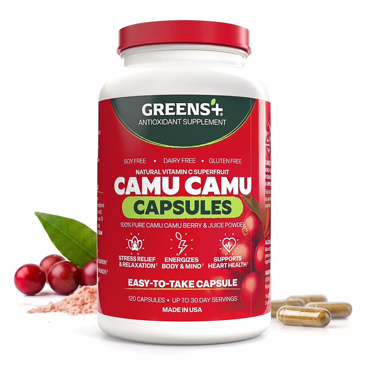 Greens+ Complément Alimentaire Camu Camu 120 Capsules vue de face