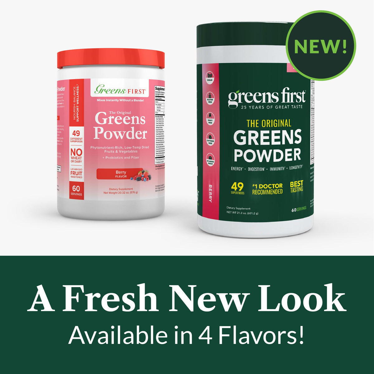 Greens First Poudre de Super-aliments Berry 699g sur une table avec des fruits