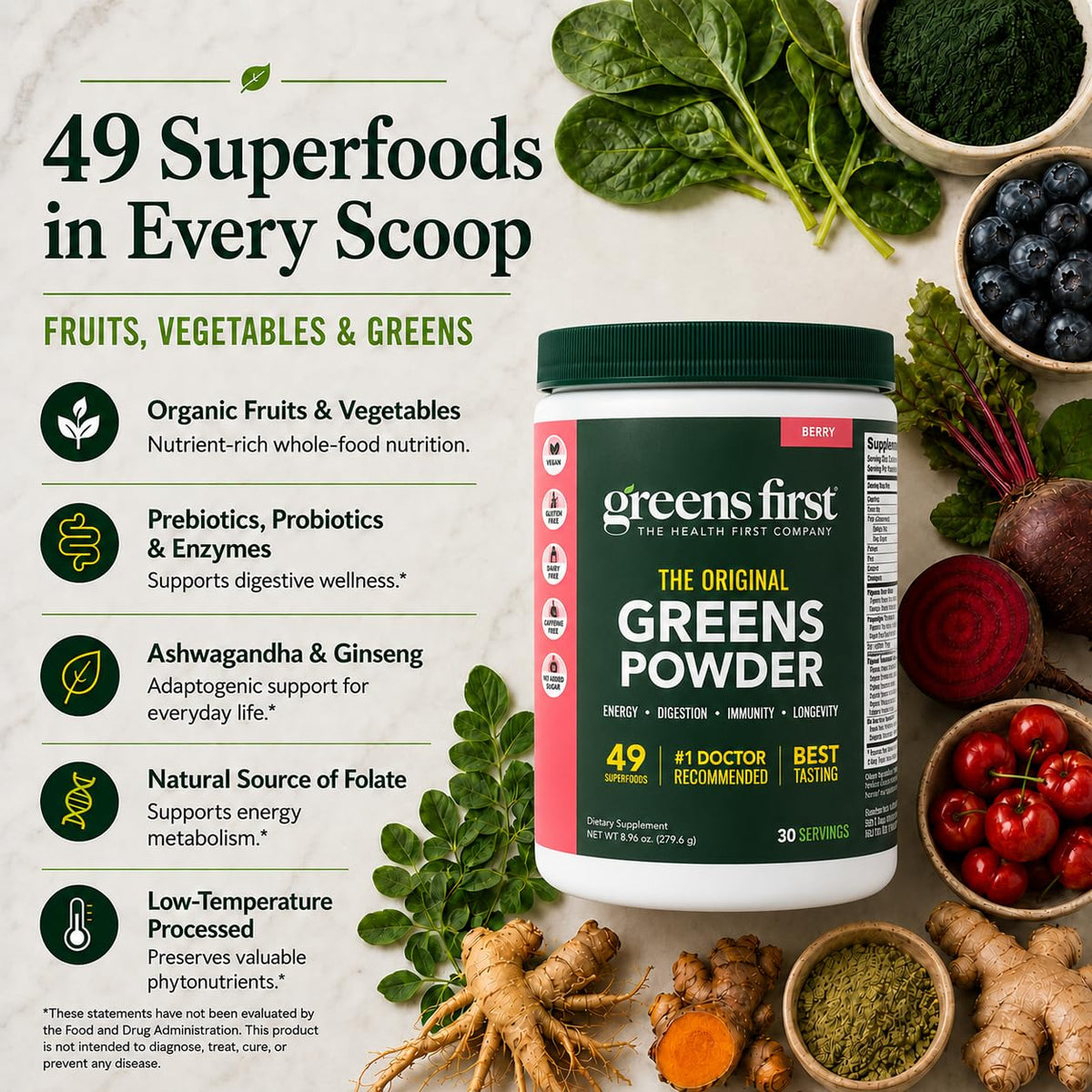 Greens First Poudre de Super-aliments Berry, cuillère incluse