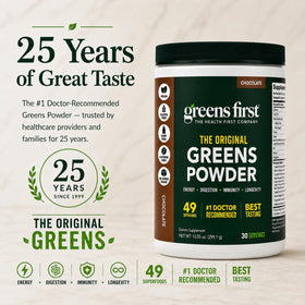 Greens First Poudre de Super-aliments Chocolat avec étiquette visible