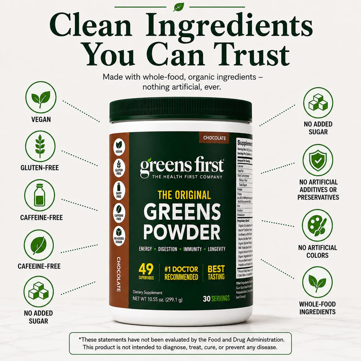 Greens First Poudre de Super-aliments Chocolat avec ingrédients naturels
