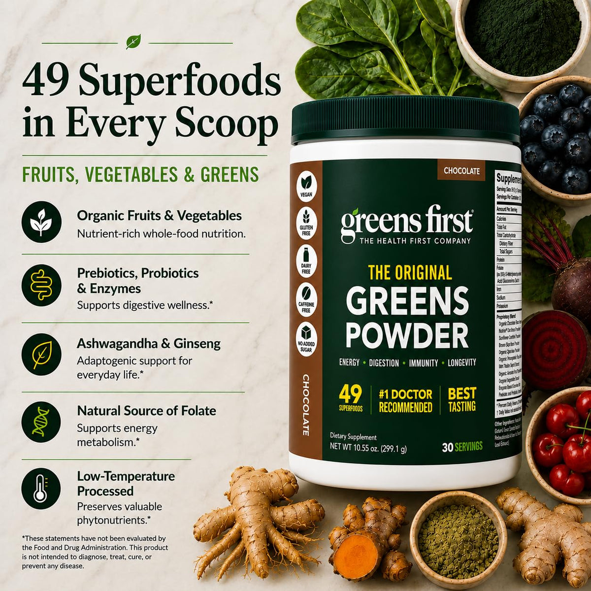Greens First Poudre de Super-aliments Chocolat en mélange dans un verre