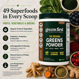 Greens First Poudre de Super-aliments Chocolat en mélange dans un verre
