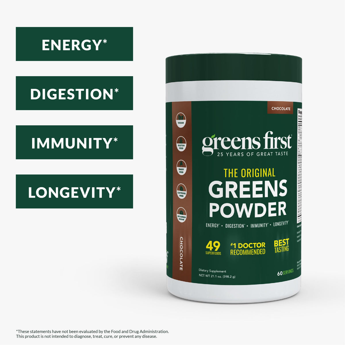 Greens First Poudre de Super-aliments Chocolat, vue arrière du contenant