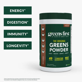 Greens First Poudre de Super-aliments Chocolat, vue arrière du contenant