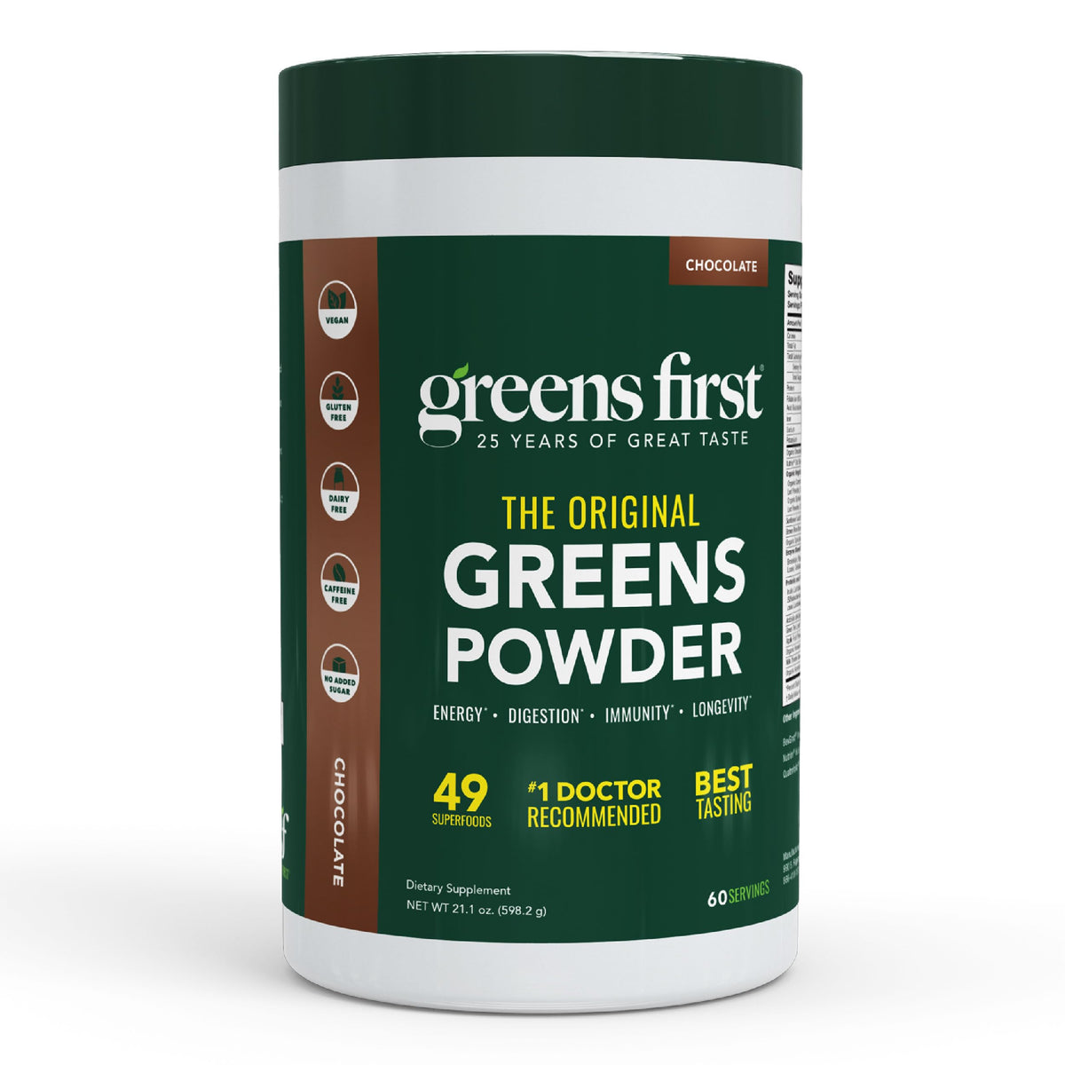Greens First Poudre de Super-aliments Chocolat, vue avant du contenant