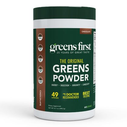 Greens First Poudre de Super-aliments Chocolat, vue avant du contenant