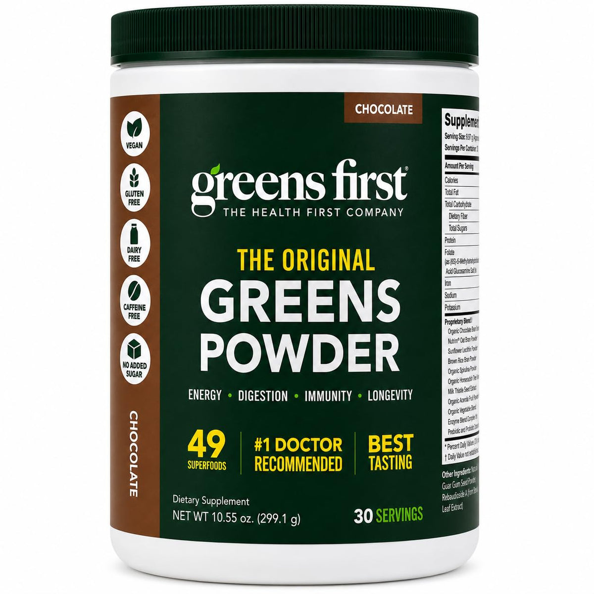 Greens First Poudre de Super-aliments Chocolat vue avant du contenant