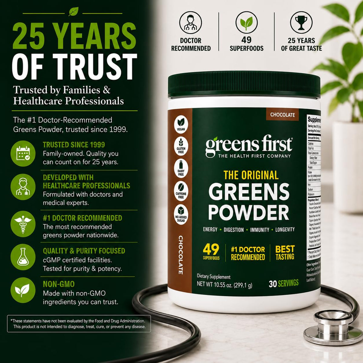 Greens First Poudre de Super-aliments Chocolat vue latérale du contenant