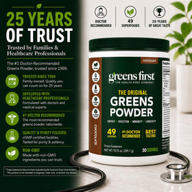 Greens First Poudre de Super-aliments Chocolat vue latérale du contenant