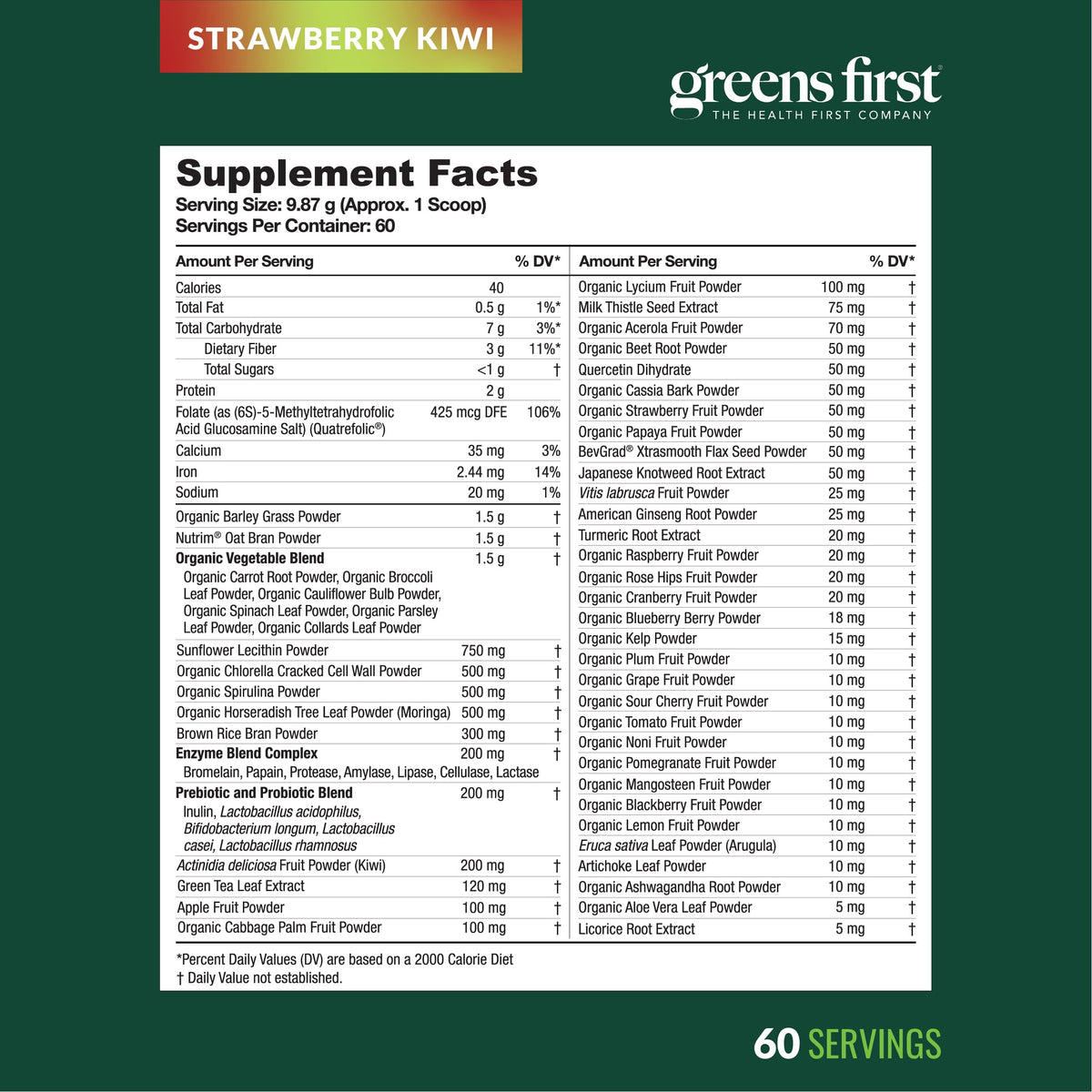 Greens First Poudre de Super-aliments Fraise Kiwi 592g en mélange dans un verre
