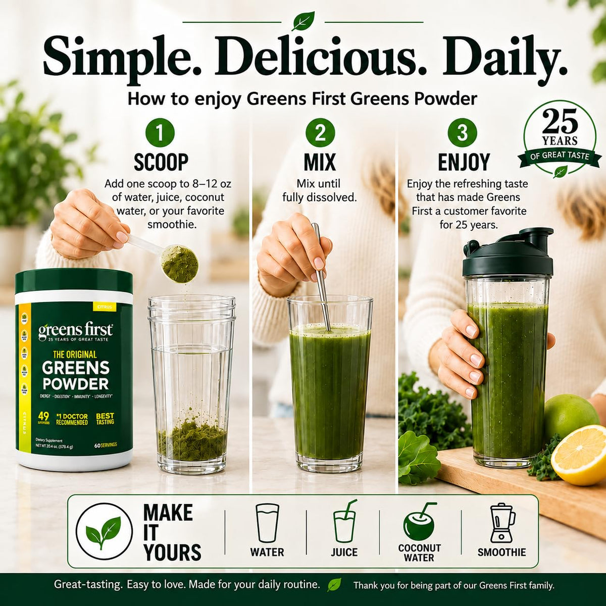 Greens First Poudre de Super-aliments, ingrédients naturels sur une table