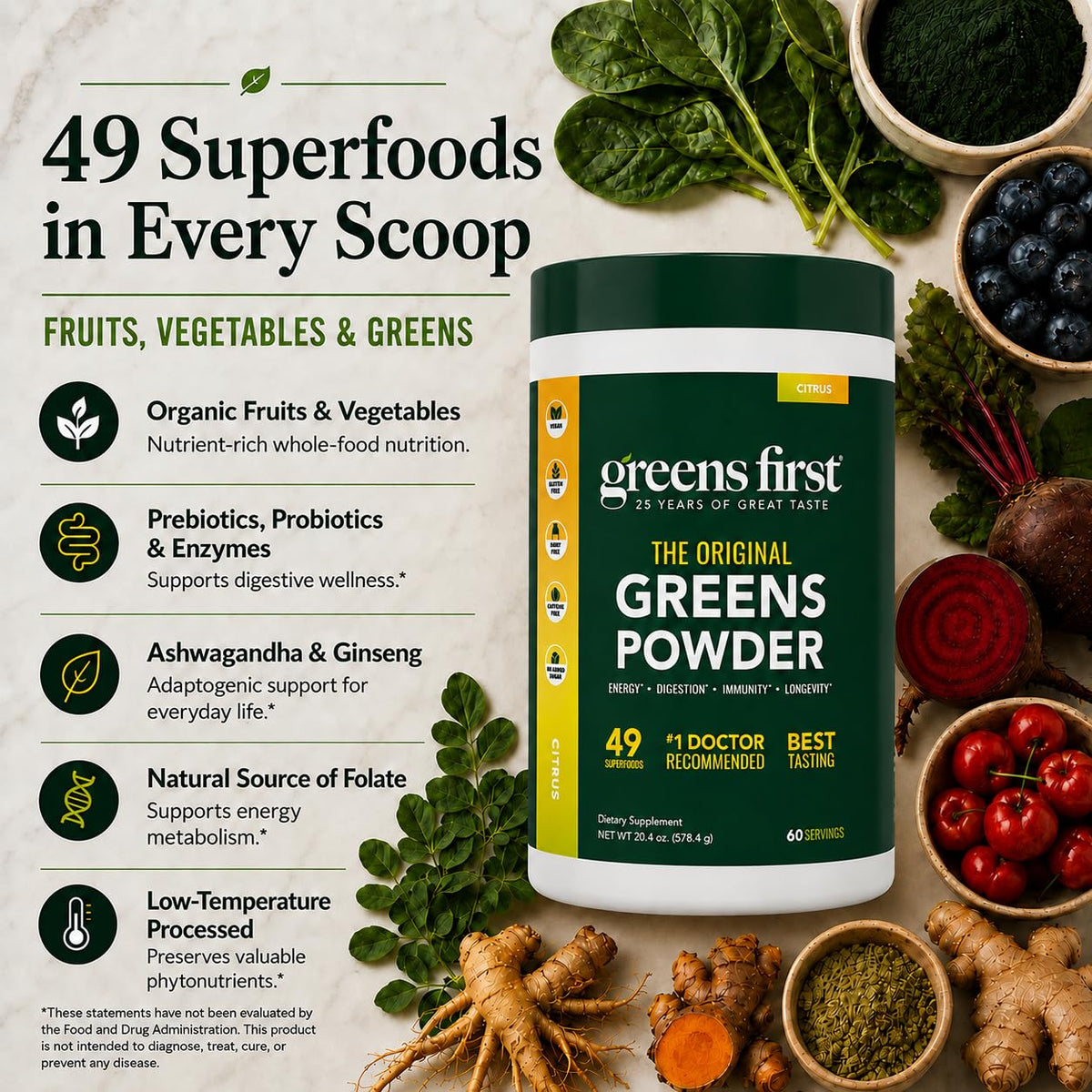 Greens First Poudre de Super-aliments, mesure de poudre dans une cuillère