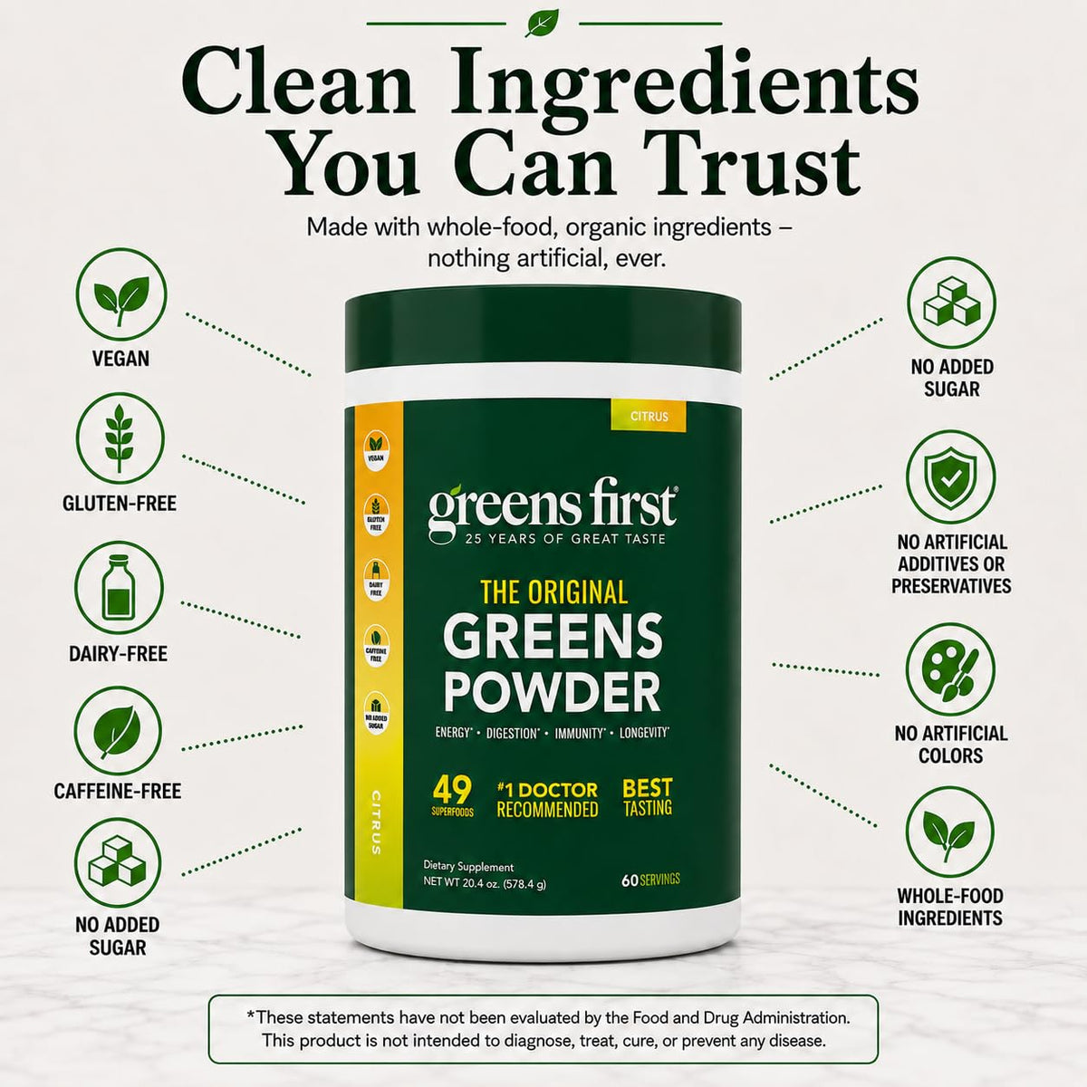 Greens First Poudre de Super-aliments, présentation avec des fruits frais