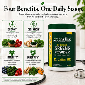 Greens First Poudre de Super-aliments Saveur Agrumes, vue arrière du packaging