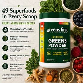 Greens First Poudre de Superaliments, contenant ouvert avec poudre visible