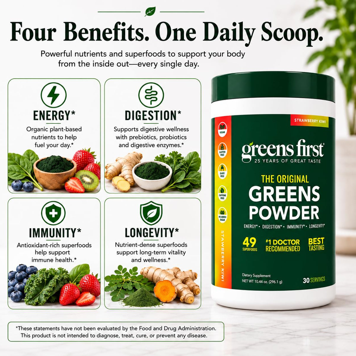 Greens First Poudre de Superaliments, cuillère de poudre à côté du contenant