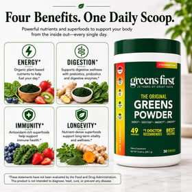 Greens First Poudre de Superaliments, cuillère de poudre à côté du contenant