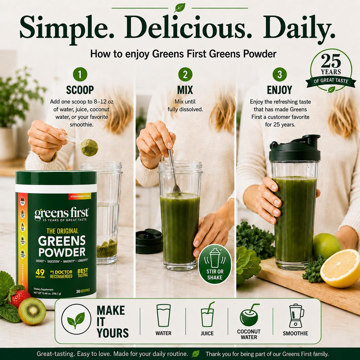 Greens First Poudre de Superaliments, ingrédients naturels sur une table