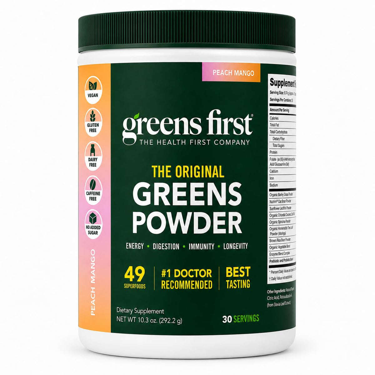 Greens First Poudre de Superaliments Originale 386g saveur Pêche Mangue vue de face