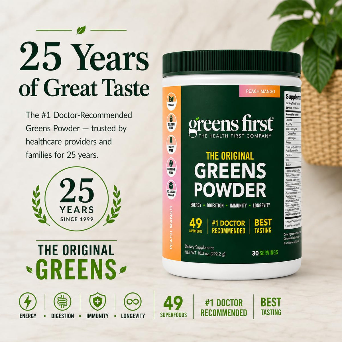 Greens First Poudre de Superaliments Originale 386g sur une table