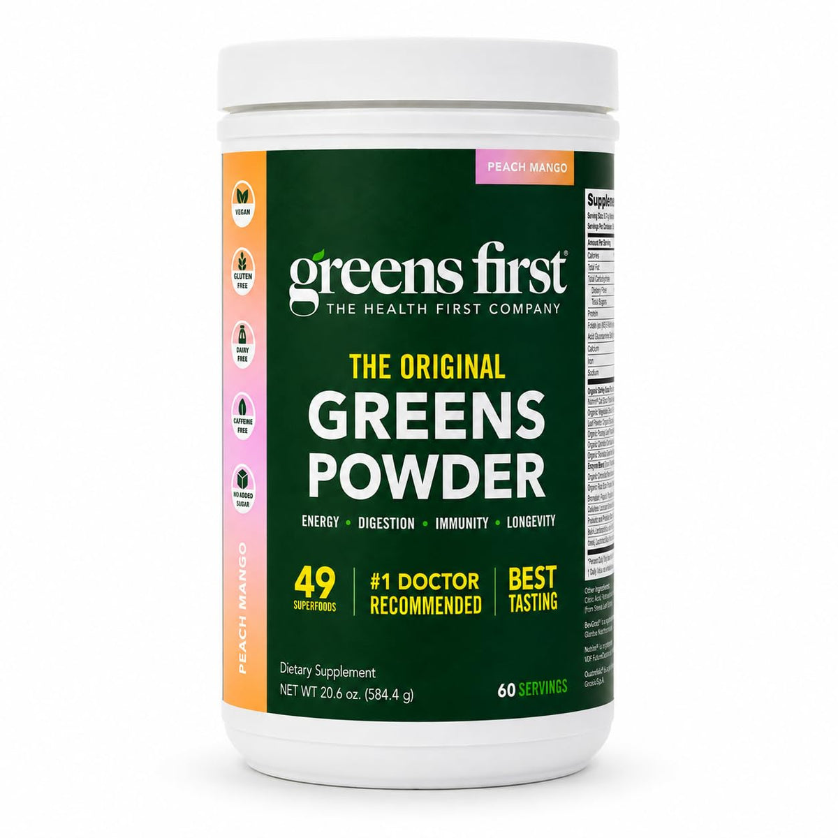 Greens First Poudre de Superaliments Originale 680g Saveur Pêche Mangue vue de face